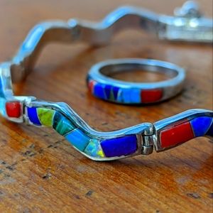 Navajo signed Calvin Begay Sterling & Inlay Bracelet Ring Turquoise Native Lapis